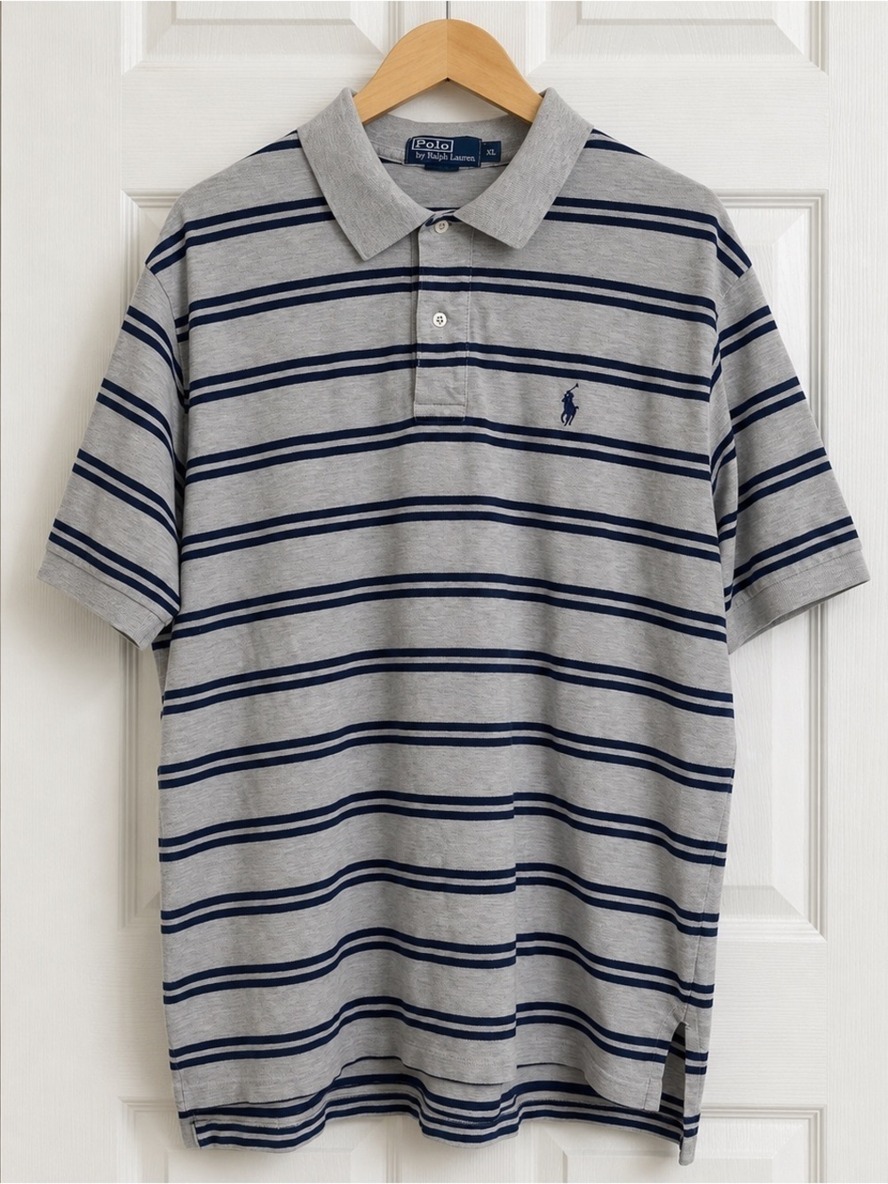 Vintage Polo Ralph Lauren Striped Polo Shirt XL Gray NavKnit Cotton 90s